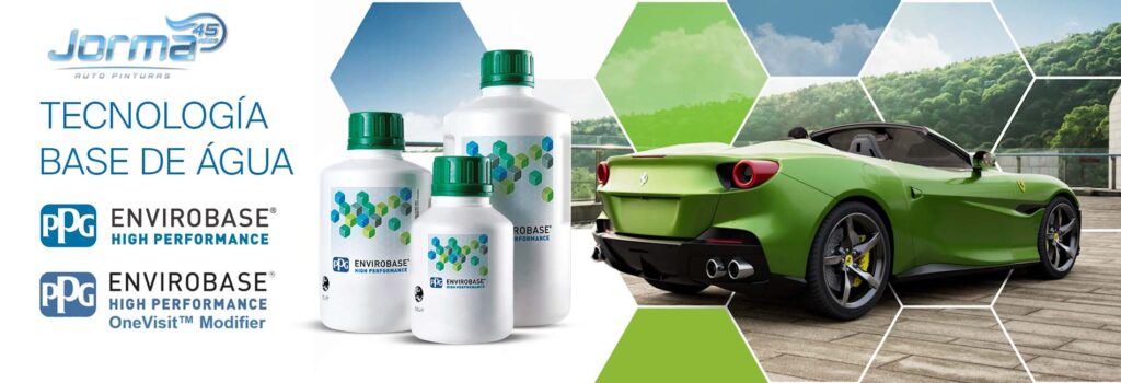 Banner publicitario del sistema base agua Envirobase High Performance de PPG que distribuye Autopinturas Jorma