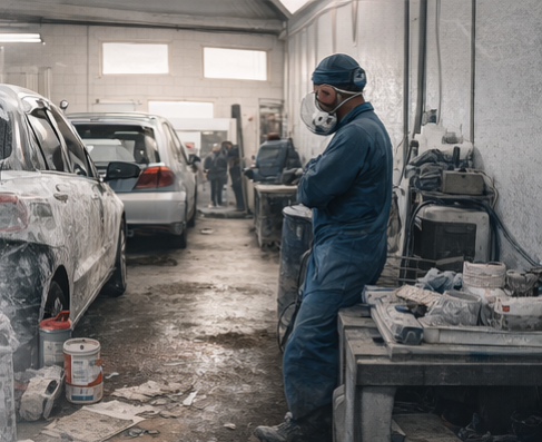 taller de carrocería colapsado por cabina ocupada